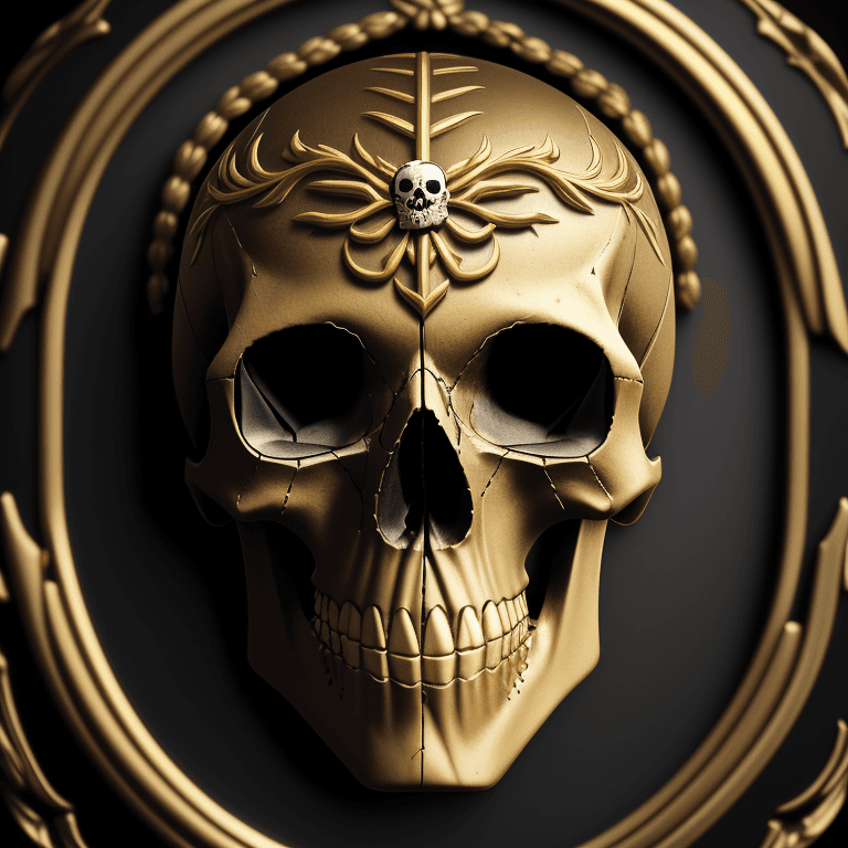 AI generated: Gold silver iron Intarsia  skull photographic cinematic