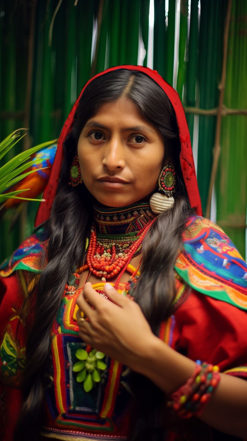AI generated: Portrait Photography, captures the moment when a beautiful kuna indian female, wearing mola dress, g...