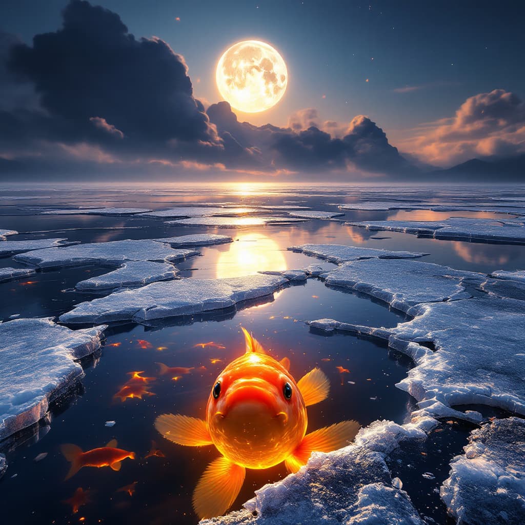 AI generated: highly reflective ice on lake minutely fractured showing the full moon in it's brilliance and detail...