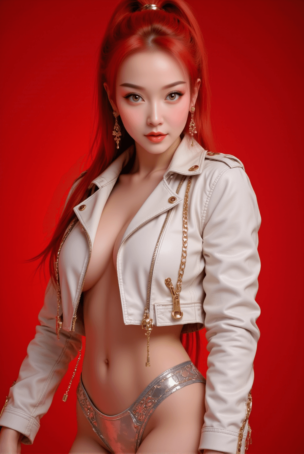 AI generated: This is a highly detailed, hyper-realistic CGI image featuring a young woman with a slender, toned p...
