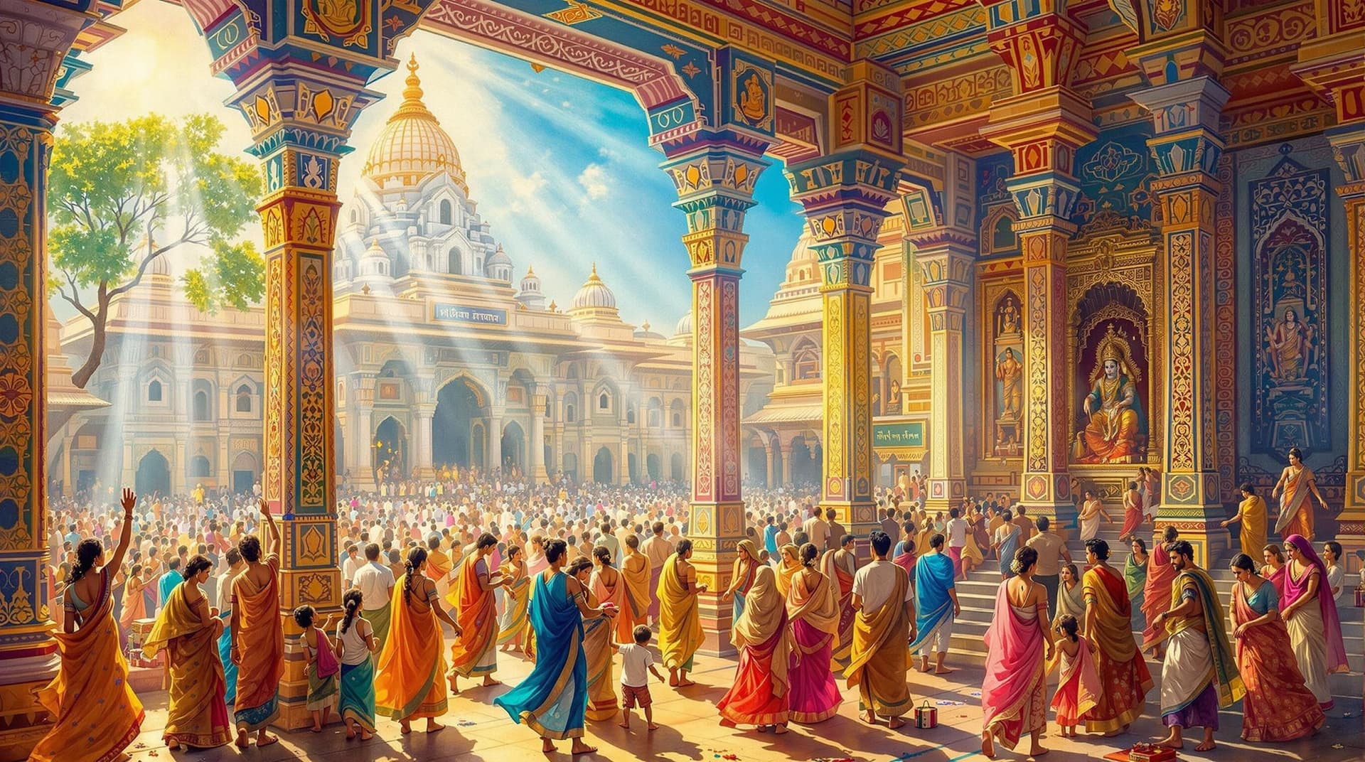 AI generated: "In a traditional Indian painting style, highly detailed, bright and vivid colors, soft sunlight fil...