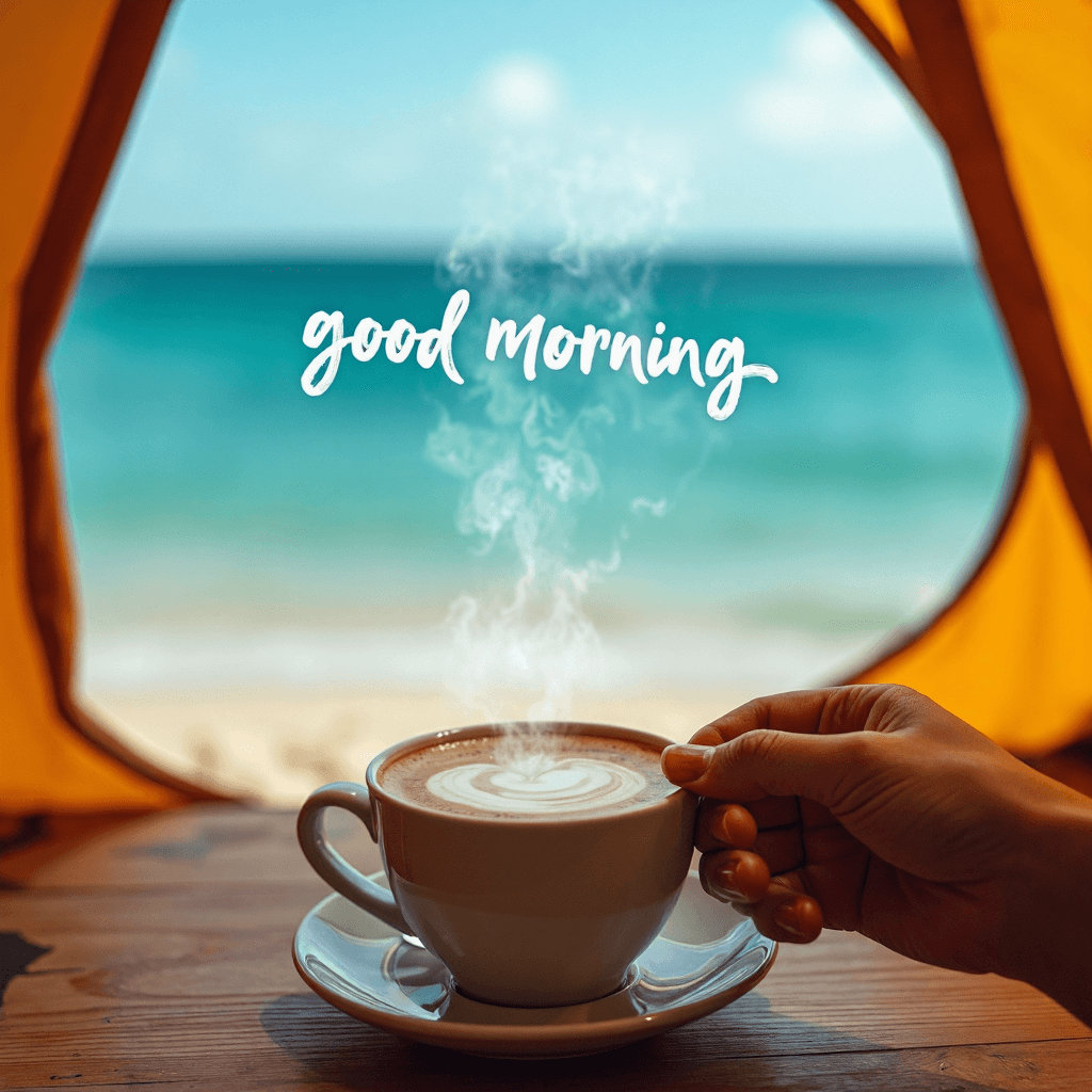 AI generated: view from inside the tent of the azure ocean and sandy shore, in the frame a hand holds a cup of ste...