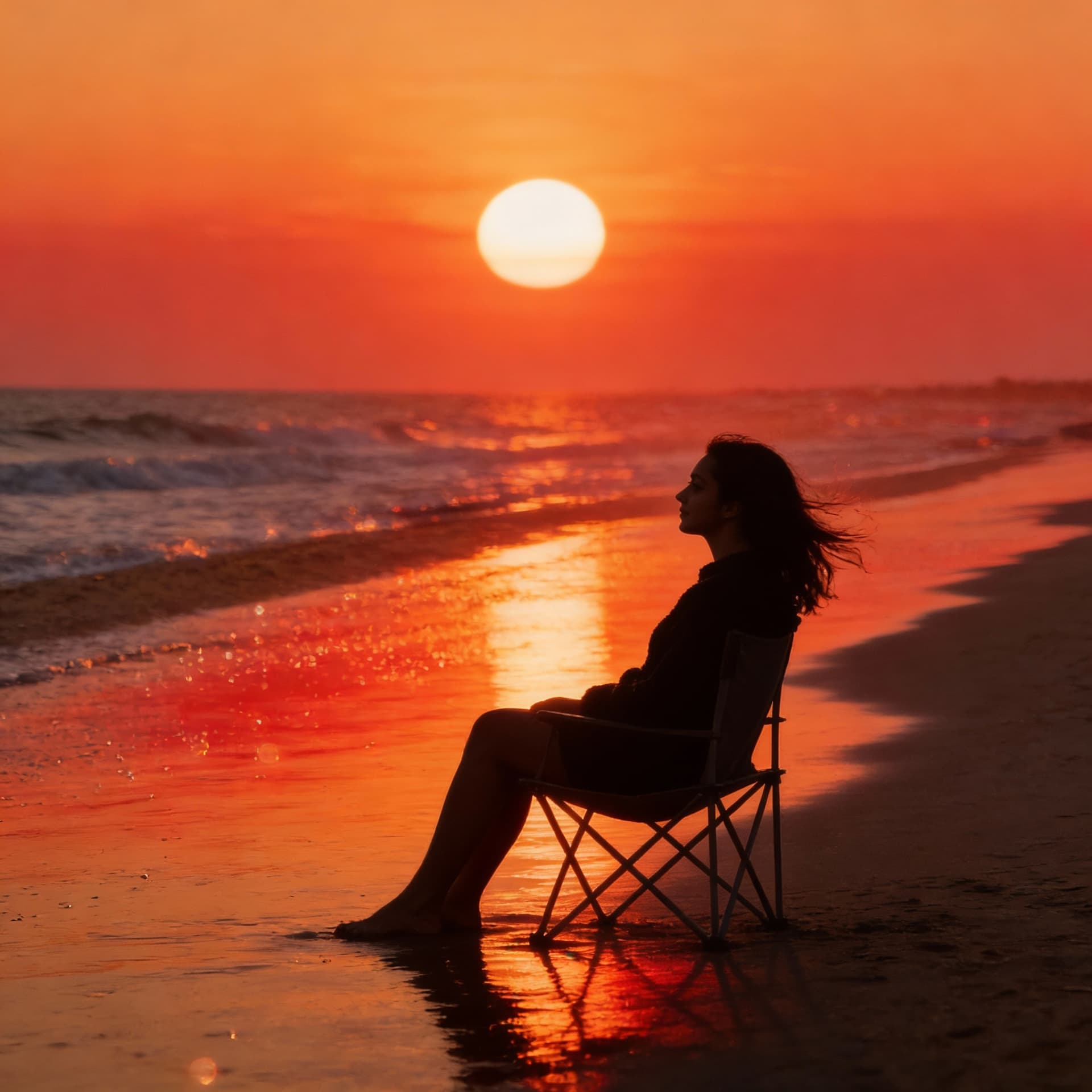 AI generated: cinematic seascape, warm color grading, long-lens compression, straight horizon, large sun near uppe...