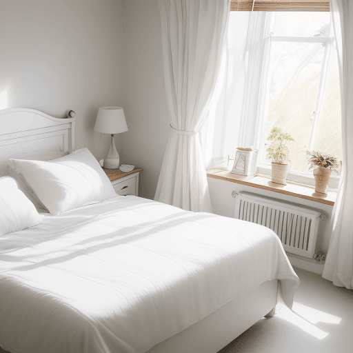 AI generated: Photo of a clean and tidy bedroom with four white rectangular pillows on the bed, soft morning light...