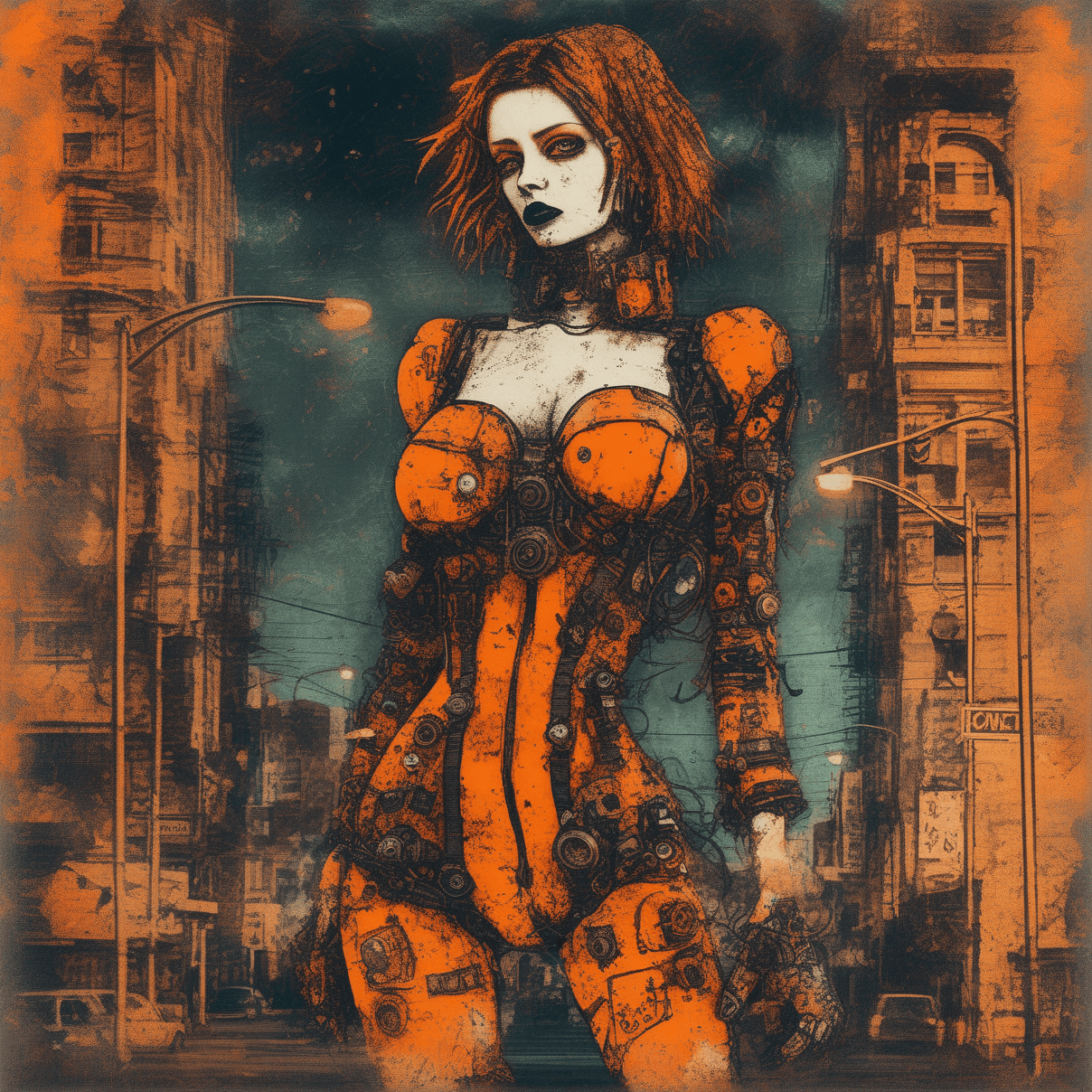 AI generated: grunge style sexy lady, orange bodysuit, Outsider Art, Robotpunk, Streetlights, octane rendering, RE...