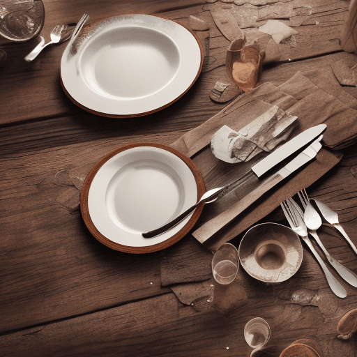 AI generated:  photograph of a broken plate with a cutlery on a wooden table, the plate is broken into two parts, ...