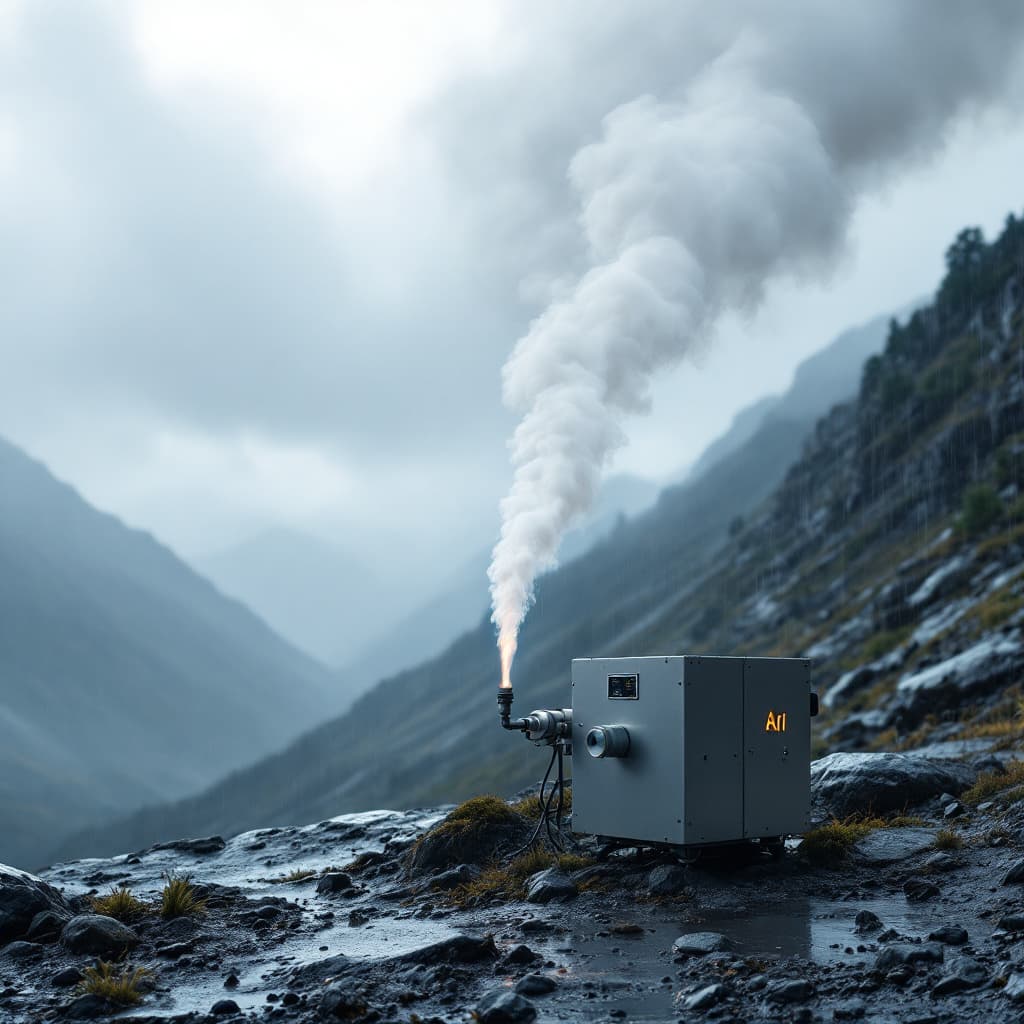 AI generated: "A ground-based silver iodide (AgI) generator is installed on a mountainous terrain for cloud seedin...