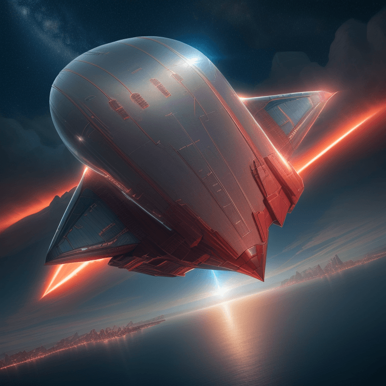 AI generated: raw photo, spaceship shaped logo superman like a metallic airship, flying over a reddish sea, close ...