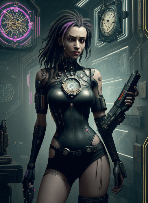 AI generated: (((Tarot card))), Tarot card frame made of cyberpunk clocks, Portrait of a woman holding a gun, very...