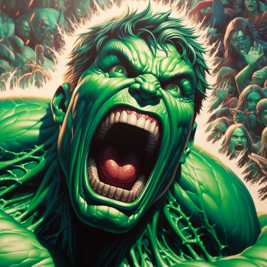 AI generated: close up of Green Globing of Marvel screaming, in a fit of rage, Masterpiece, gigantic scale, ascii-...