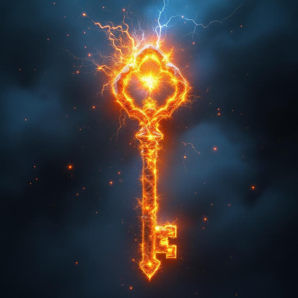 AI generated: Create a key made of Sun Stone with rainbow fire burning at the hilt and the teeth of the keys made ...