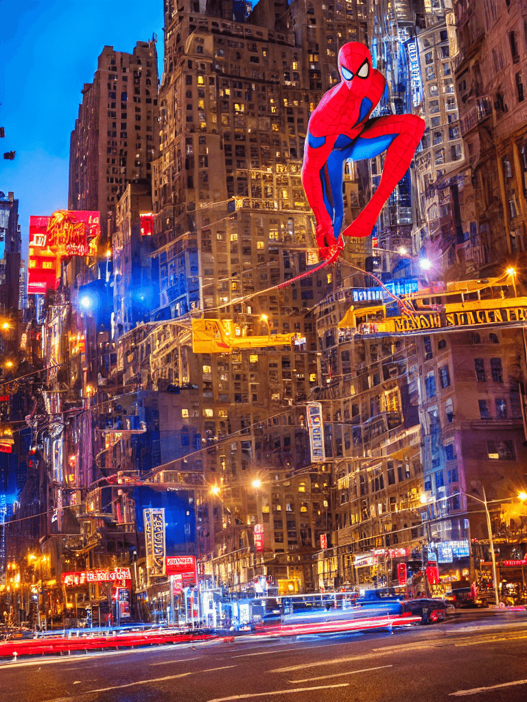 AI generated: only one spider man, New york street as background, ray traicing,High detail color photo, a professi...