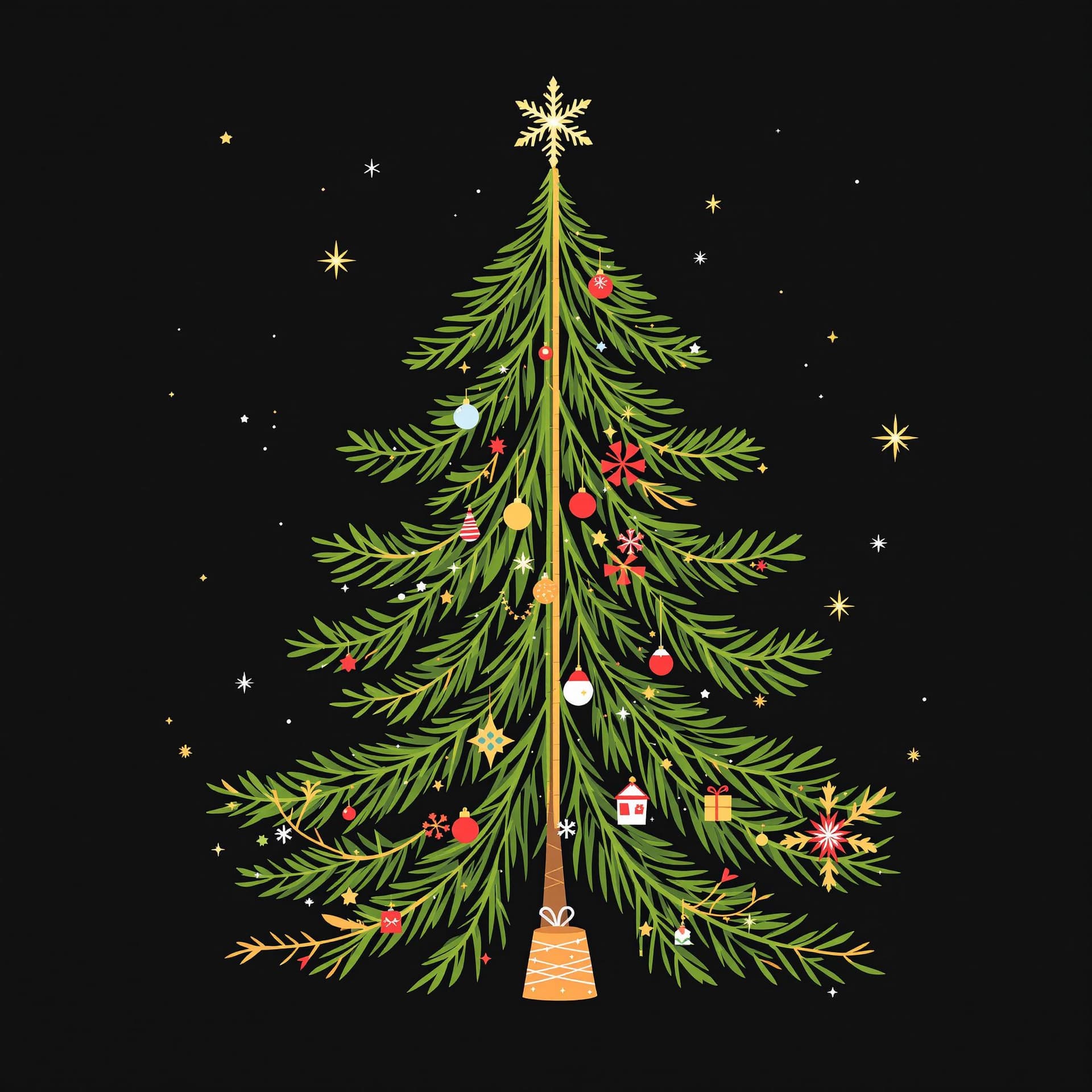 AI generated: illustration, beautiful christmas theme, simplify, pine tree, strar, snow flower, christmas elements...