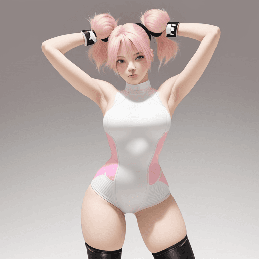 AI generated: Pink hair styled in twin tails, White outfit with black accents, Dynamic pose with one leg raised, H...