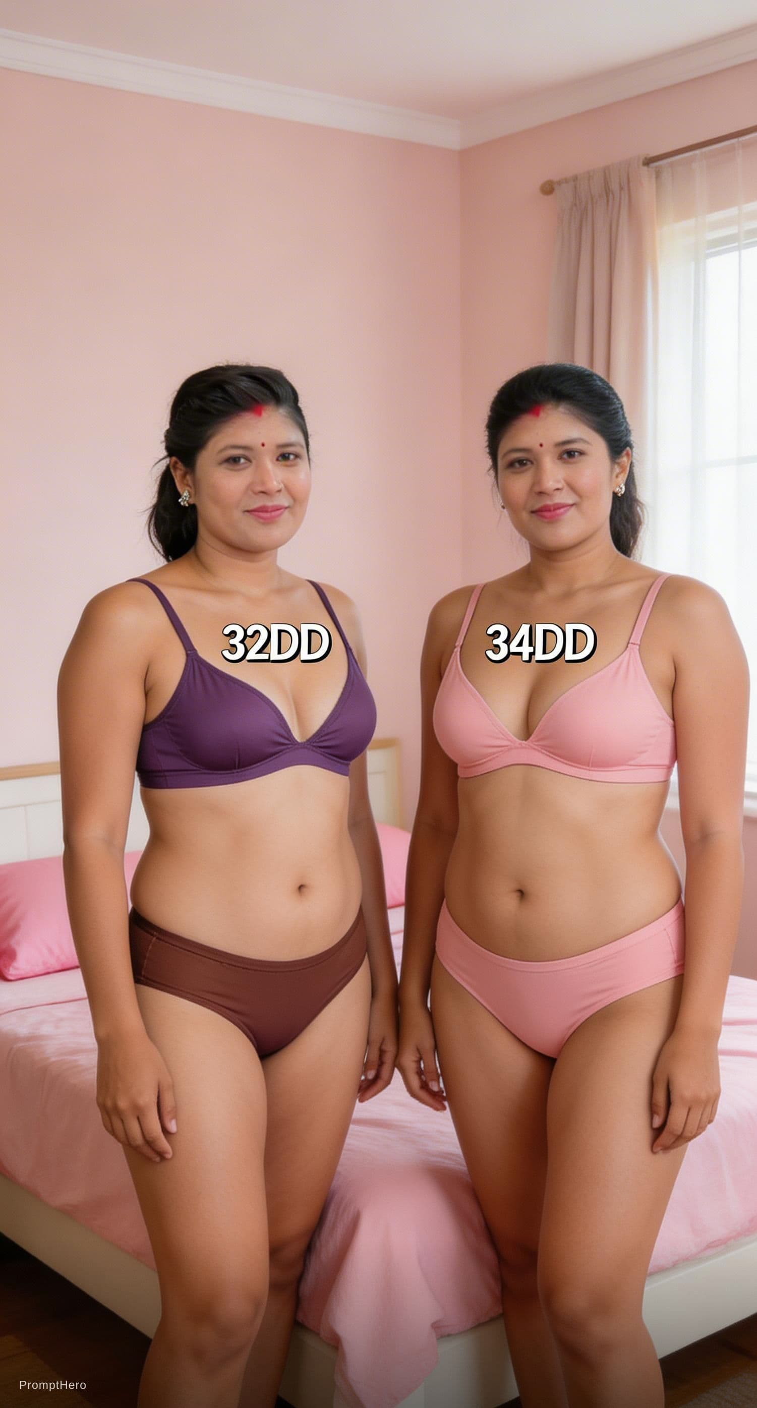 AI generated: The woman wearing a mix colour bra and panty with bust size is 32dd and figure shown as photo and ot...