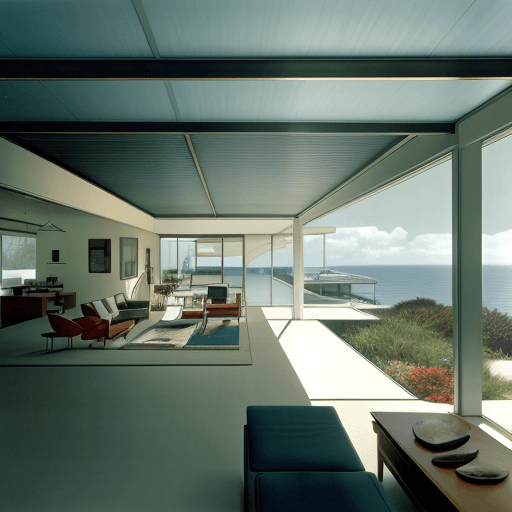 AI generated: Hyper realistic eye level exterior photo of a mid century modern style house overlooking the ocean, ...