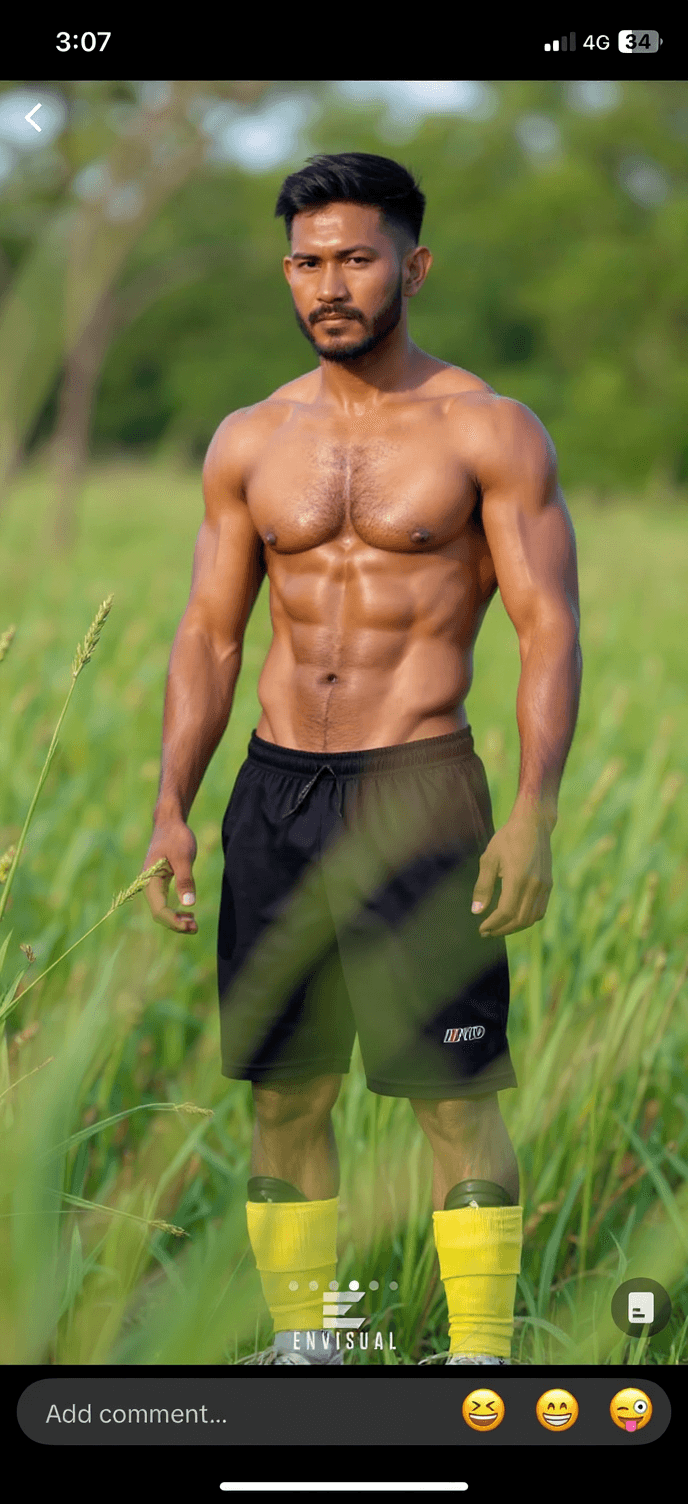 AI generated: NSFW (man), (Asian American) (in the style of annie leibovitz), (standing nude in a field of grass),...