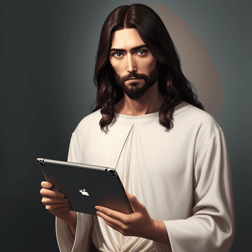 AI generated: Jesus taking a Ipad, Instagram --v 4