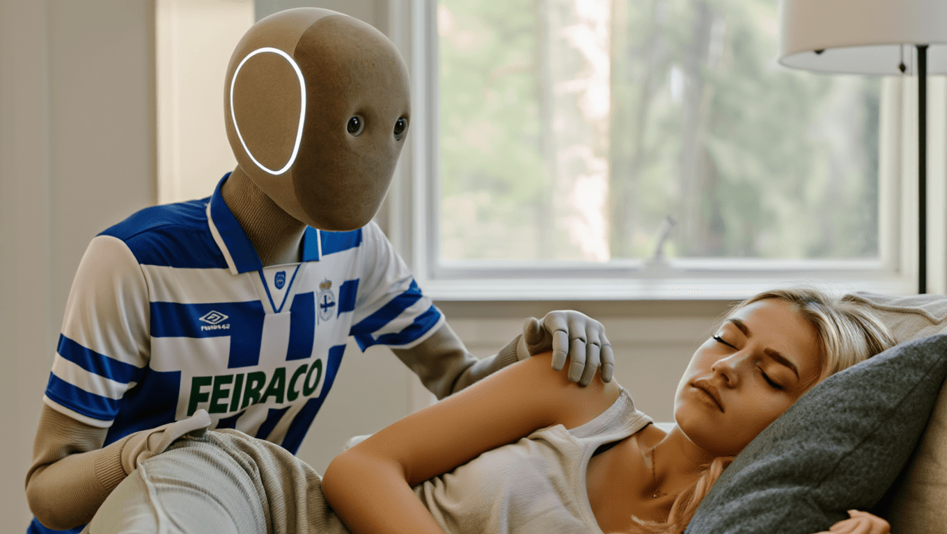 AI generated: The robot wears that tshirt and tries to wake up his human blonde wife