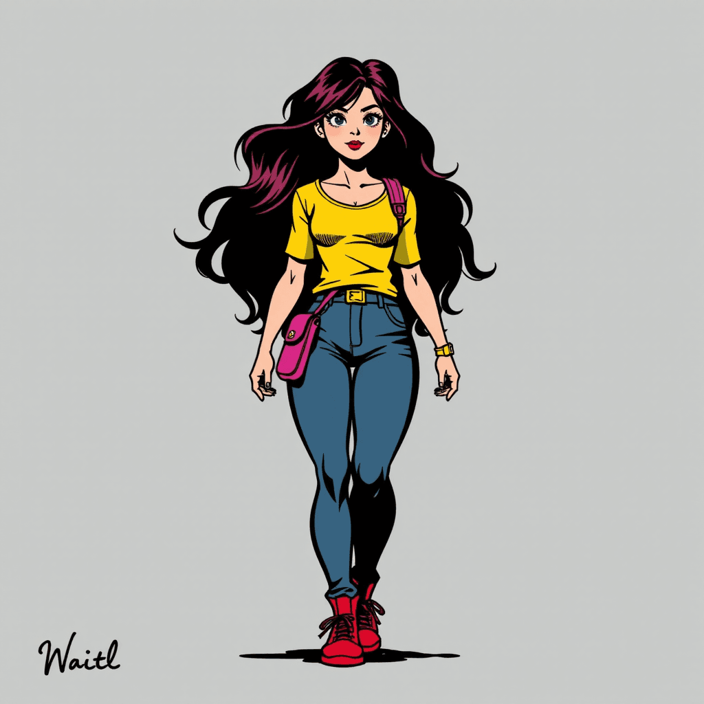 AI generated: Graphic Novel Ink: Bold, black ink outlines define the heroine, who is filled with vibrant, flat col...