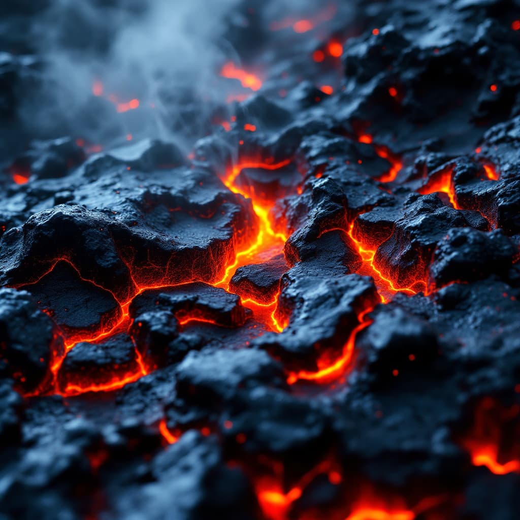 AI generated: 2.	3D close-up of molten lava cracking through obsidian, glowing fissures, steam rising --v 7 --styl...