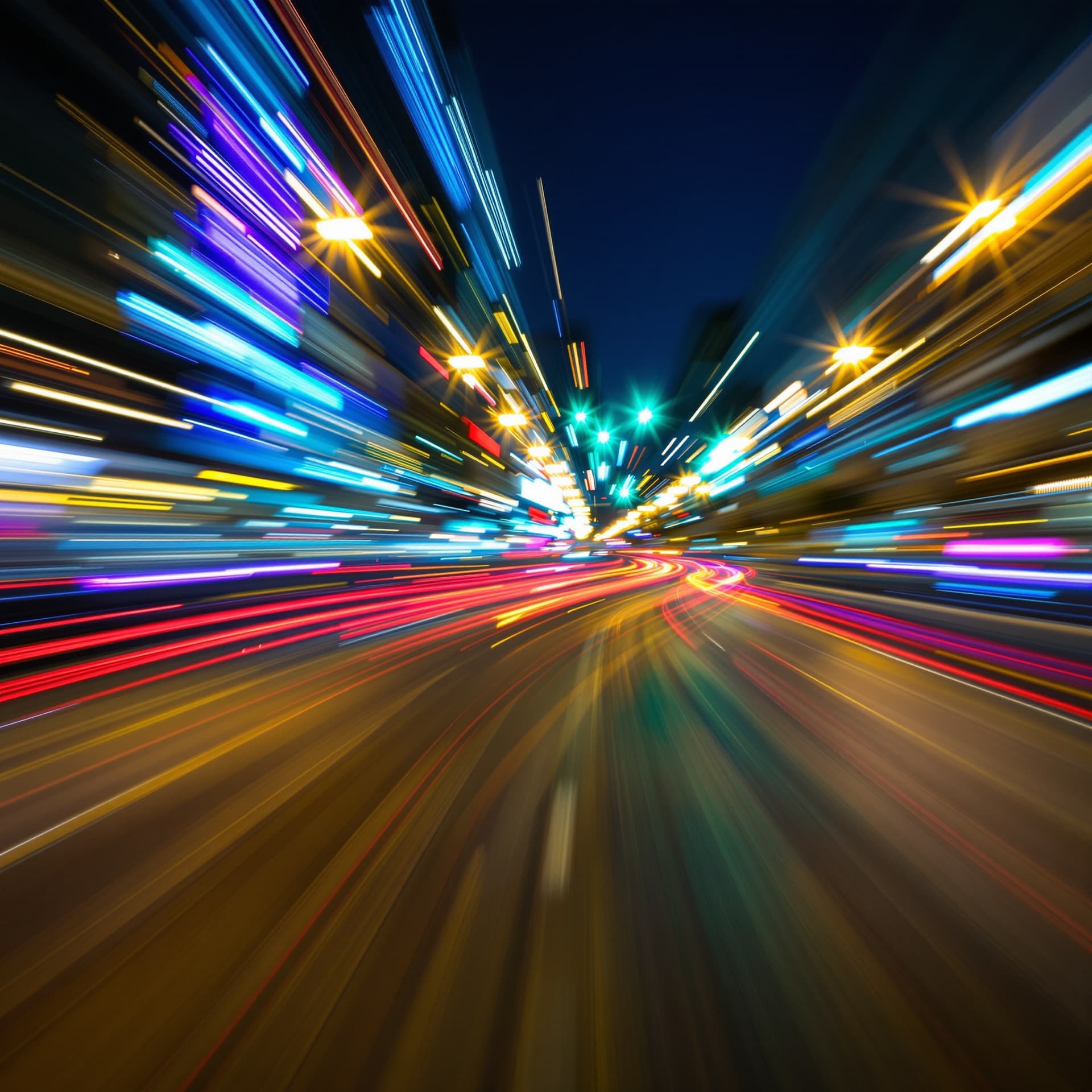AI generated: Fluchtpunkt, glowing lights, moving lights, long exposure, nightlights, Dynamik, racing street, spee...