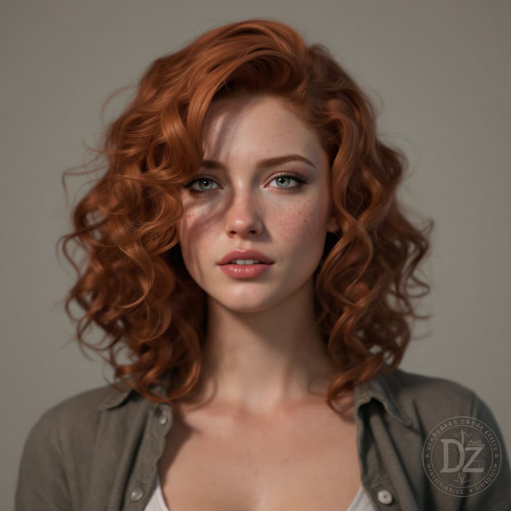 AI generated: a model with curly red hair, in daz3d style, close-up, hazy, wavy, brown, tondo, ferrania p30 --with...