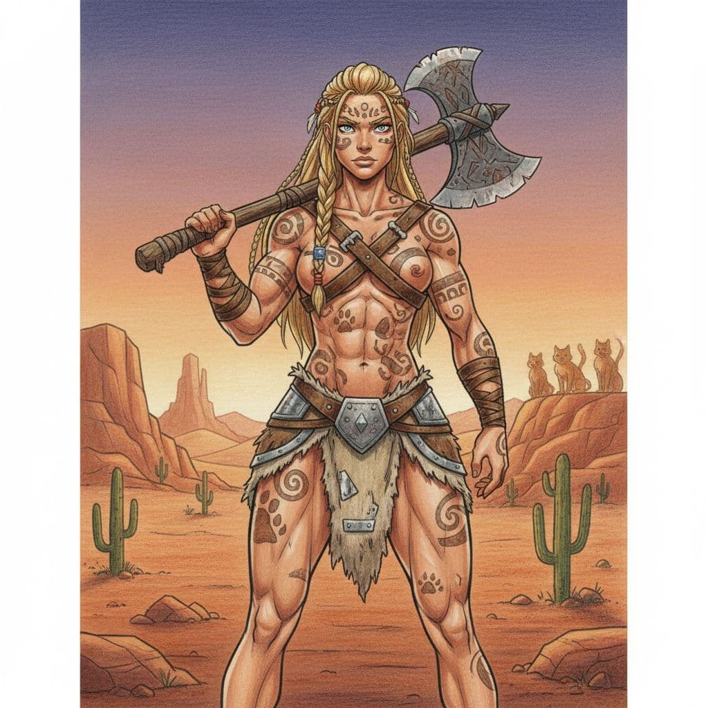 AI generated: Full body shot of young beautiful European female barbarian woman warrior, muscular, belts and loinc...