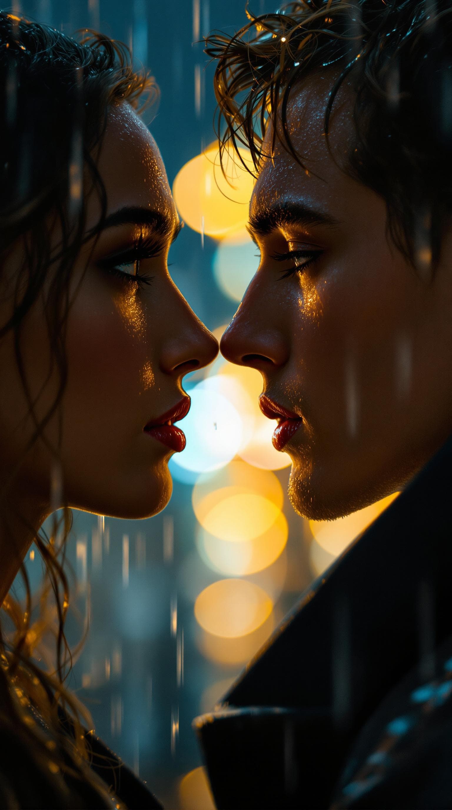 AI generated: Close-up of two lovers standing in the rain at night, inches apart but not touching, lips slightly p...