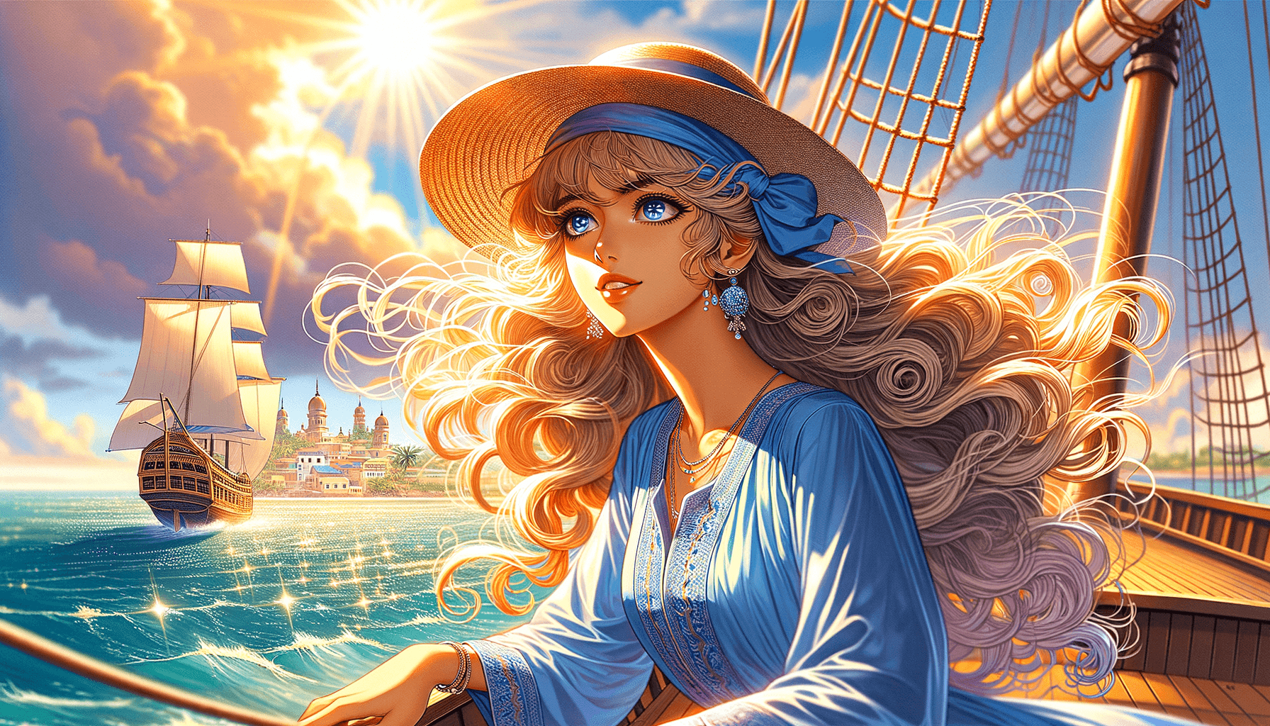AI generated: attractive woman in a blue dress and straw hat, windblown long blonde hair and flowing curly bangs, ...