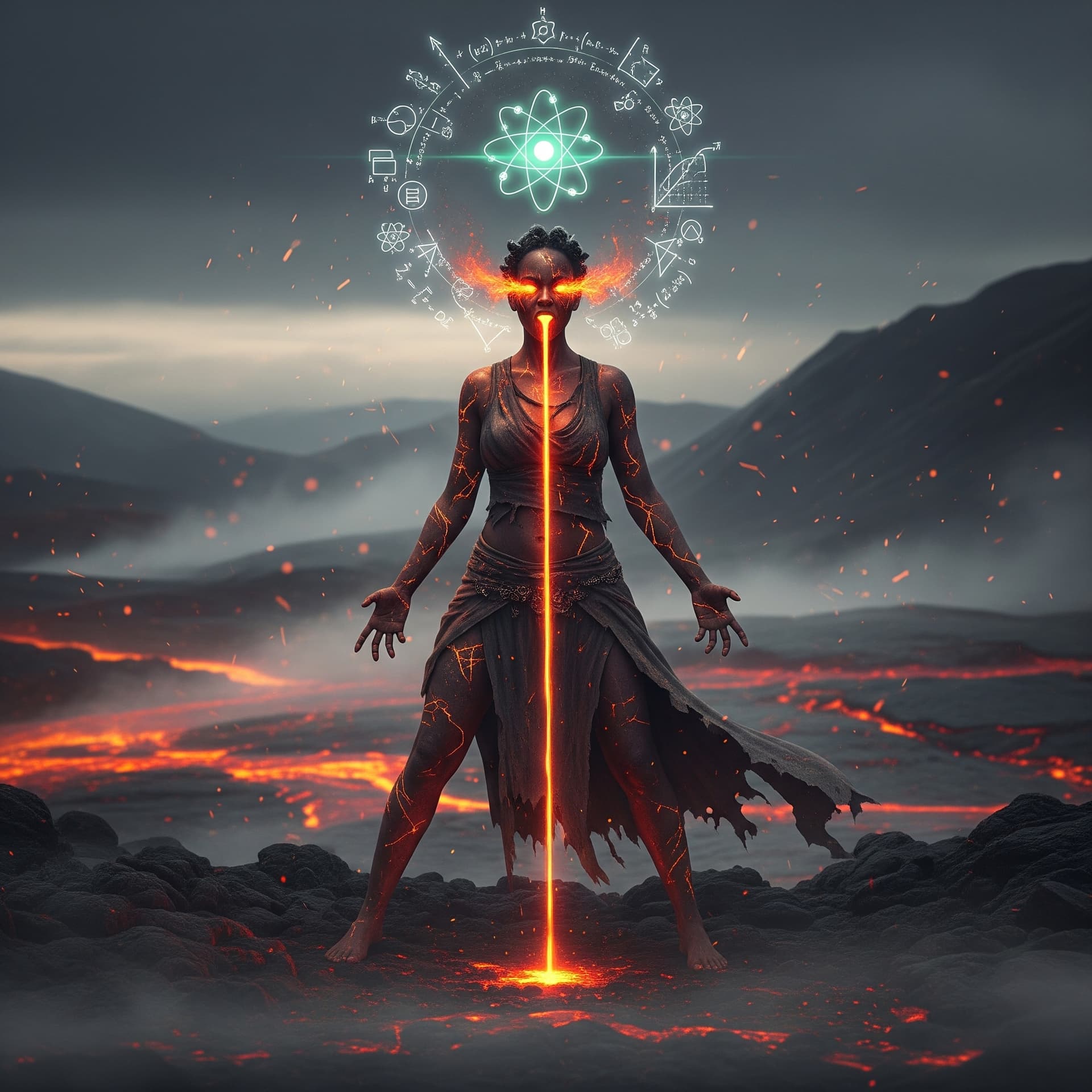 AI generated: In a barren, volcanic landscape, a fierce woman stands amidst jagged black rocks, her presence both ...