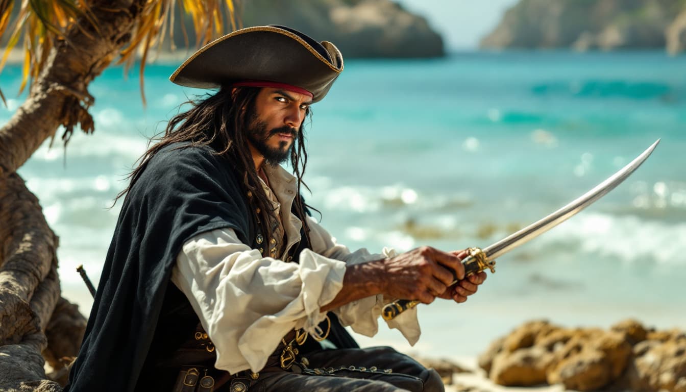 AI generated: Foto cinematográfica profesional de cuerpo de un pirata español con cabello negro rizado en un sombr...