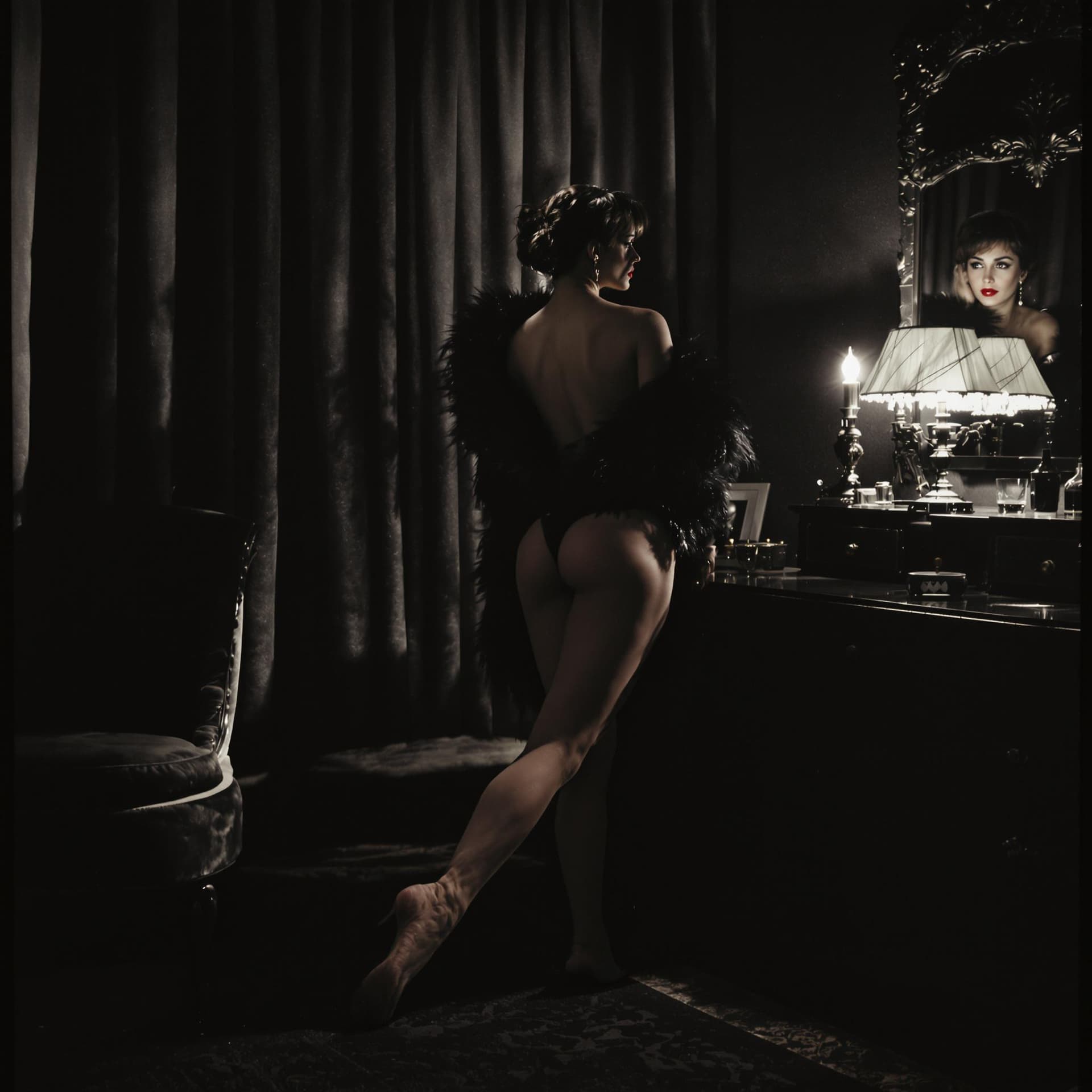 AI generated: (Full-body shot, fine art noir photography, 1950s–1960s vintage setting, cinematic chiaroscuro light...
