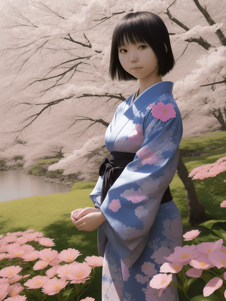 AI generated: a photo taken with a 16mm wide-angle lens, showing a young Japanese woman with flowers on a sunny da...