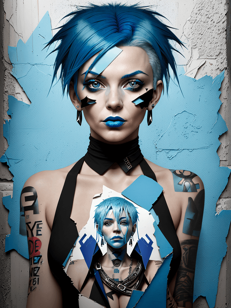 AI generated: woman with blue hair, in the style of multi-layered collages, edgy street art, celebrity-portraits, ...