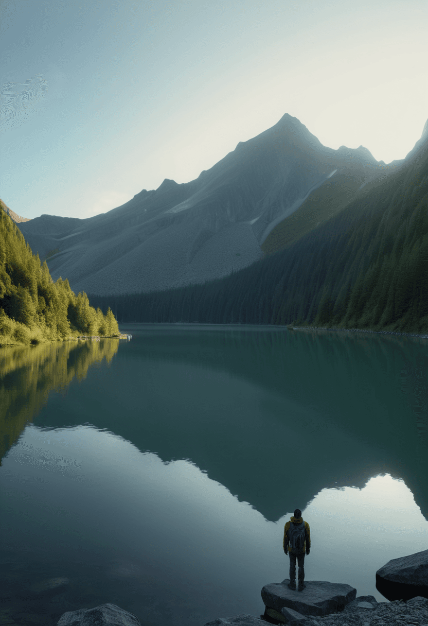 AI generated: closeup photograph of a lonely person standing near a mountain lake, serene, early morning, cool wea...
