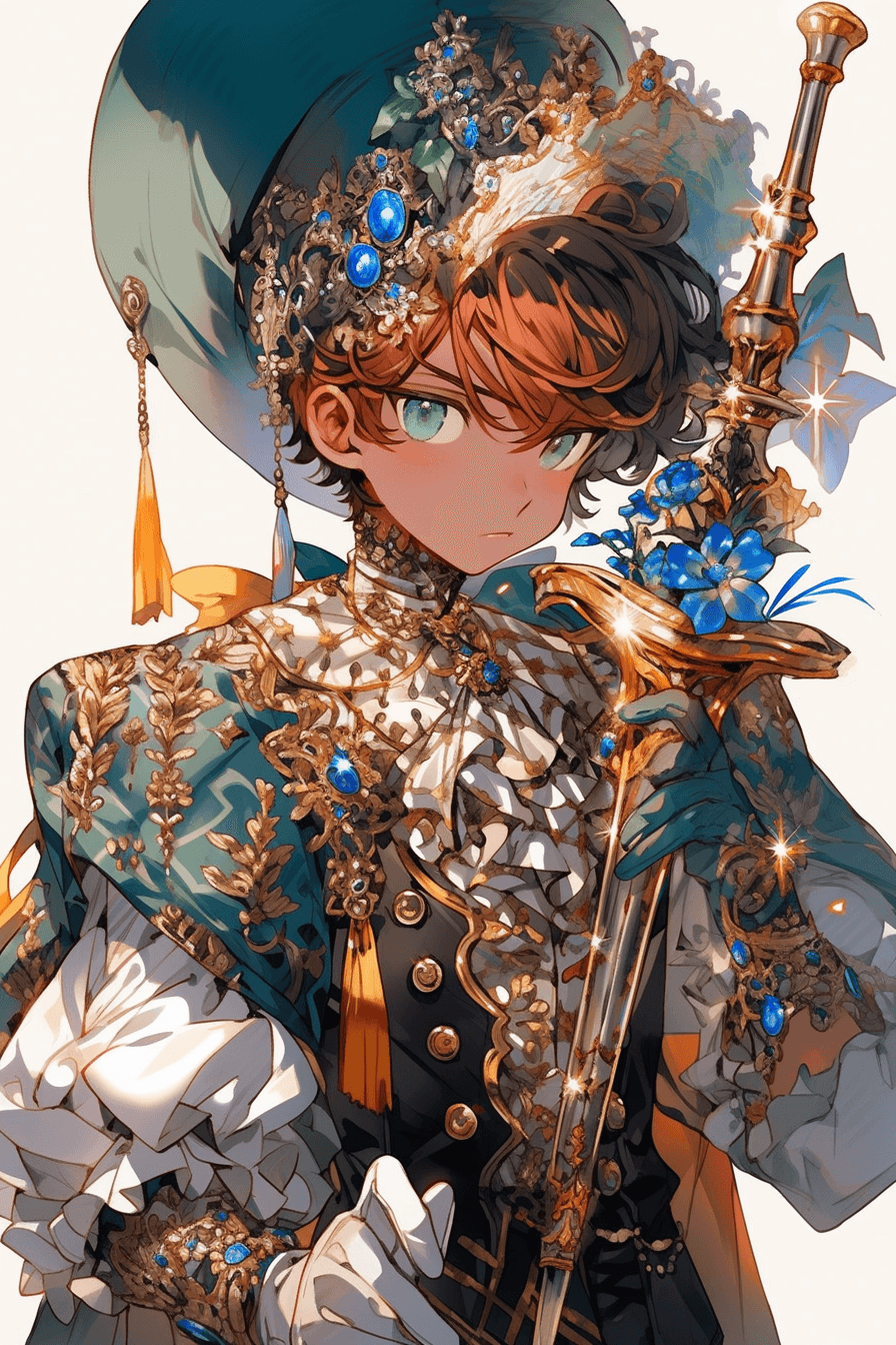 AI generated: A fearless manga character in an elegant French nation Renaissance clothing, holding vine patterned ...