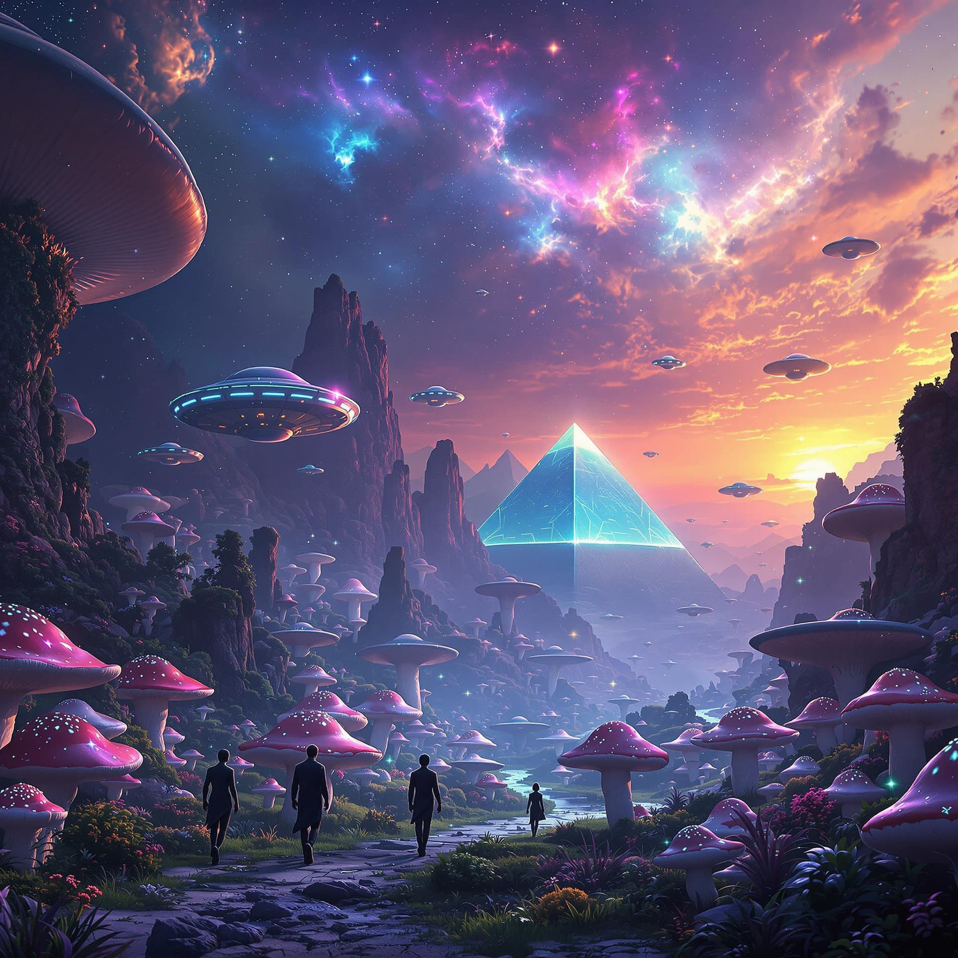 AI generated: Fantasy landscape, dynamic lights, flying saucers, Pyramids, glowing emeralds, nebulas, sunset, 8k p...