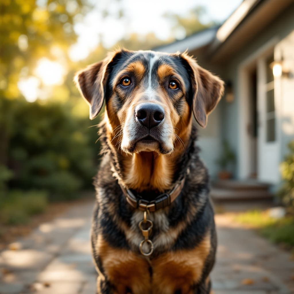 AI generated: A full-body view of a weary, elderly dog with a tired yet kind expression standing in a peaceful sub...