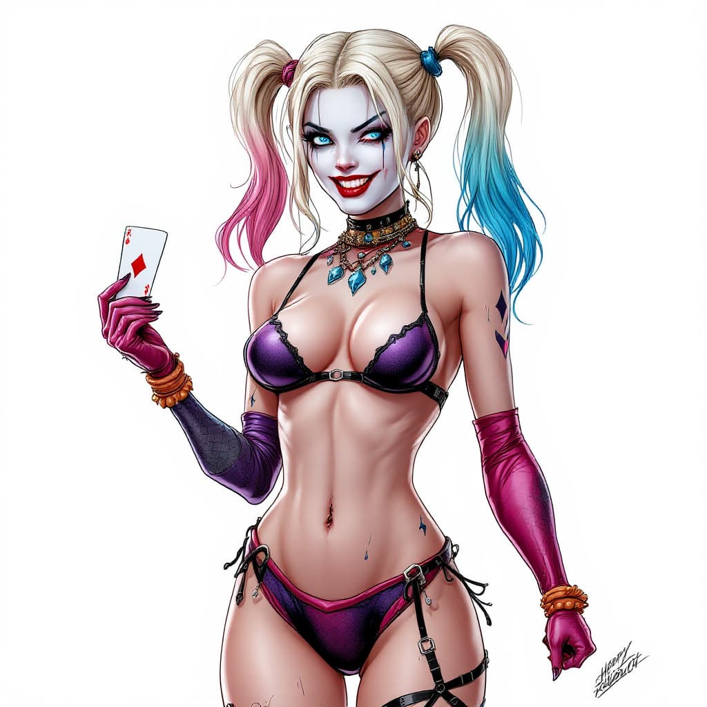 AI generated: Harley Quinn full body long shot,  with crystal blue eyes, pretty face,  sexy pose in  her  original...