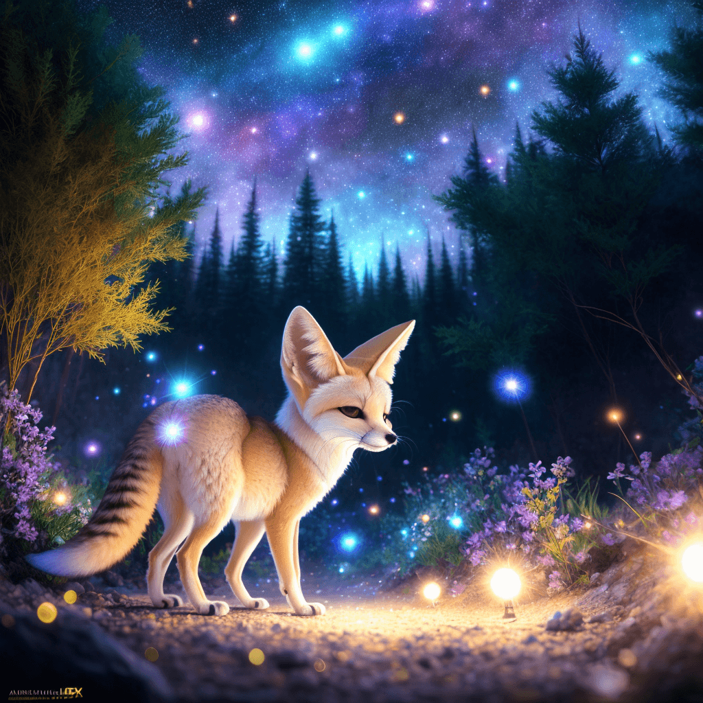 AI generated: A single (fennec fox:1.1) with (detailed fur) walking through an (enchanted forest:0.6) next to a (r...