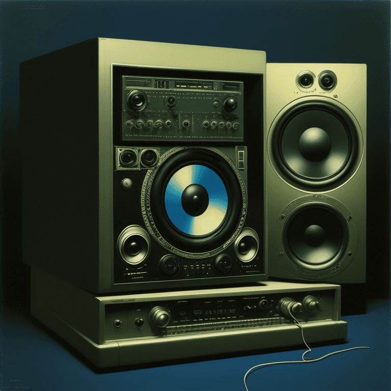 AI generated: music Album cover picture, surreal art, oil picture, speaker,  electronic, 1980