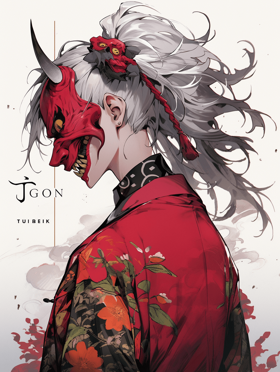 AI generated: the joker:: as a heliocentric Jiangshi Hannya, with ideograms, closeup, side view, album cover trash...