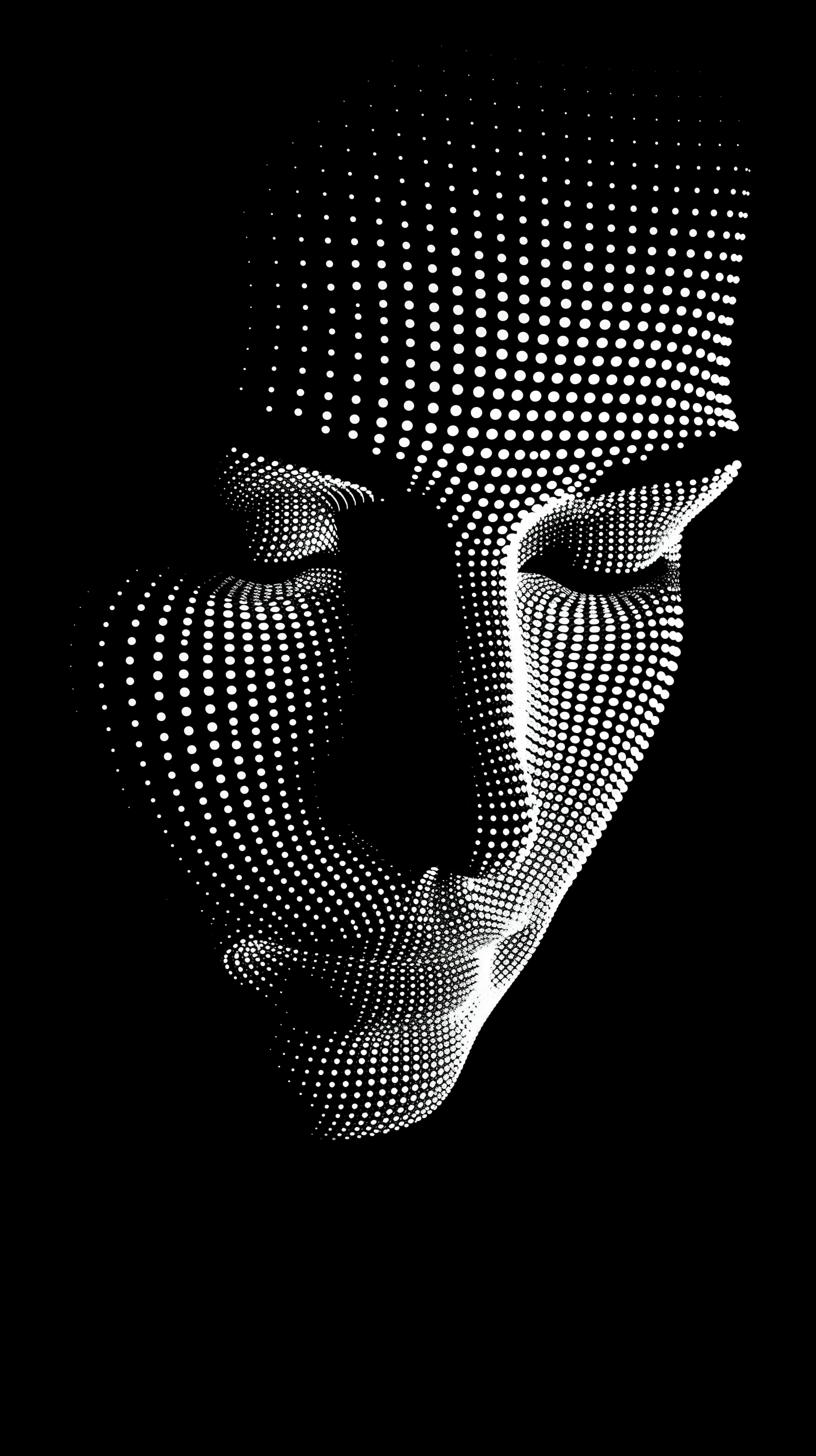 AI generated: a simple white dotted dots forming the shape of an man face, flat design, vector illustration, on bl...