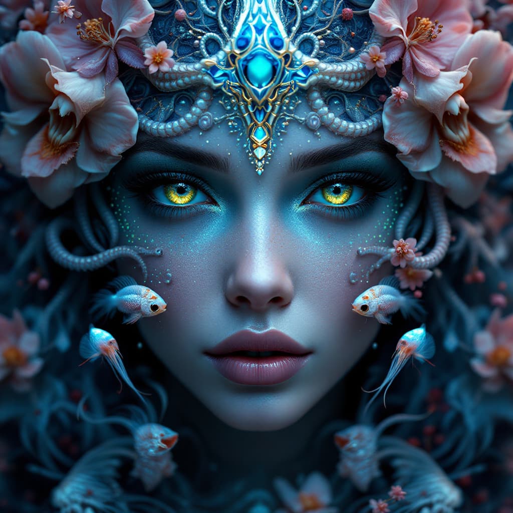 AI generated: Goddess close-up portrait ribcagel. jellyfish phoenix head, nautilus, orchid, skull, betta fish, bio...