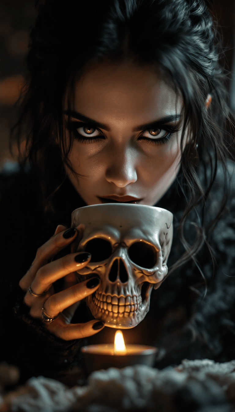 AI generated: macroview of a gothic woman drinking coffee from a skull shaped mug,the woman’s beauty and darkness ...
