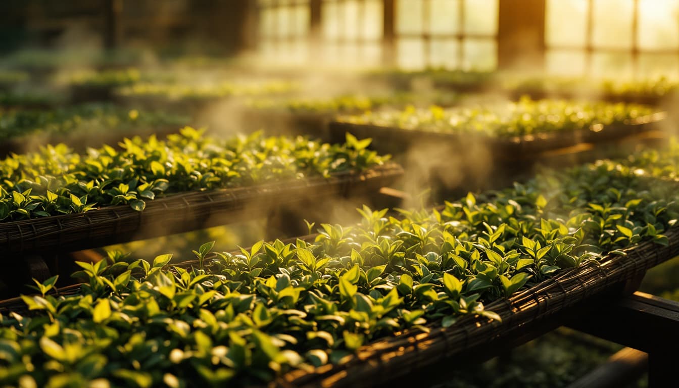AI generated: Freshly processed Wenshan Pouchong tea leaves drying on traditional wooden racks, warm golden glow, ...