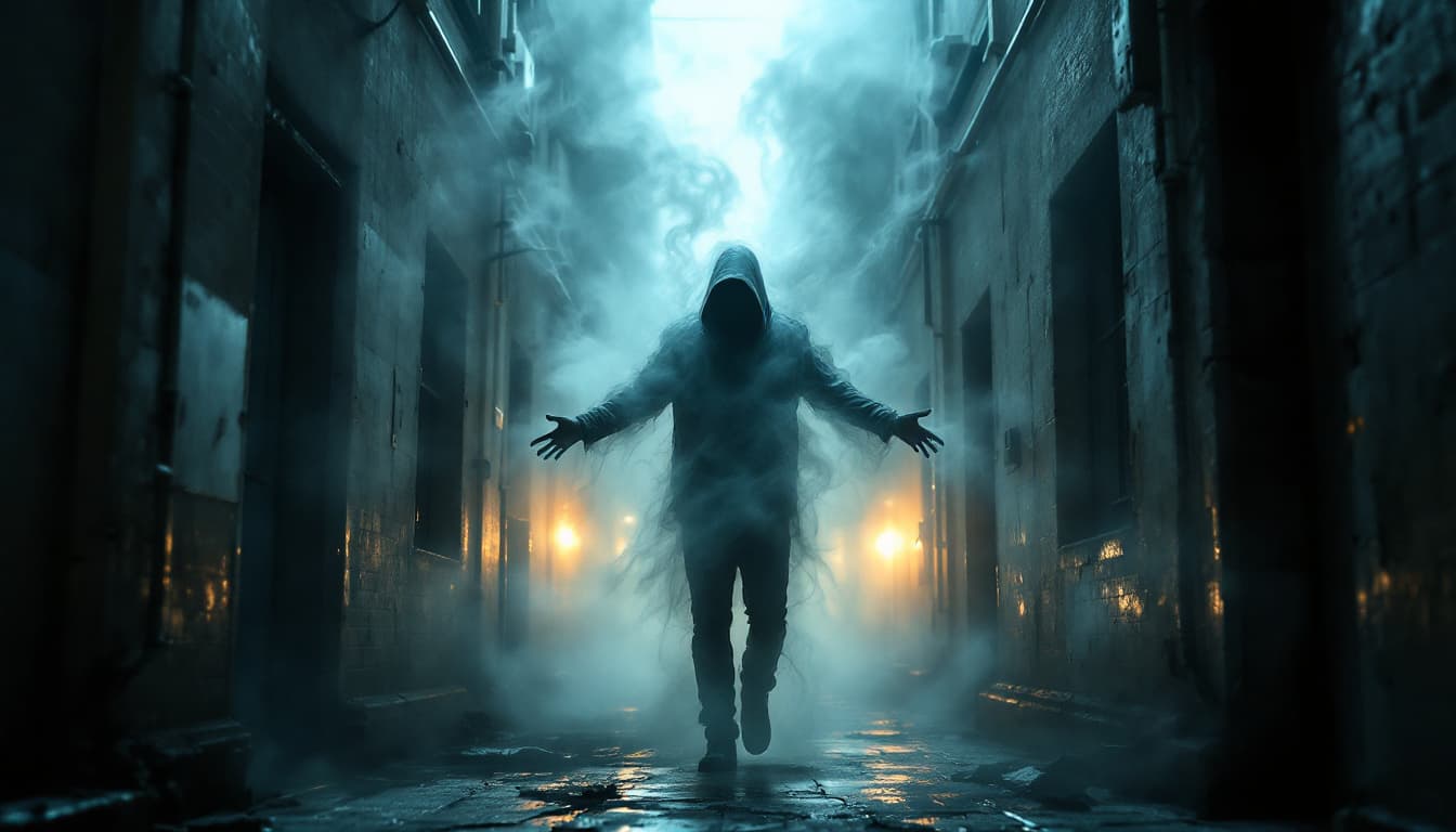 AI generated: surreal and atmospheric image, figure standing in a corridor, disintegrating into wispy, smoke-like ...