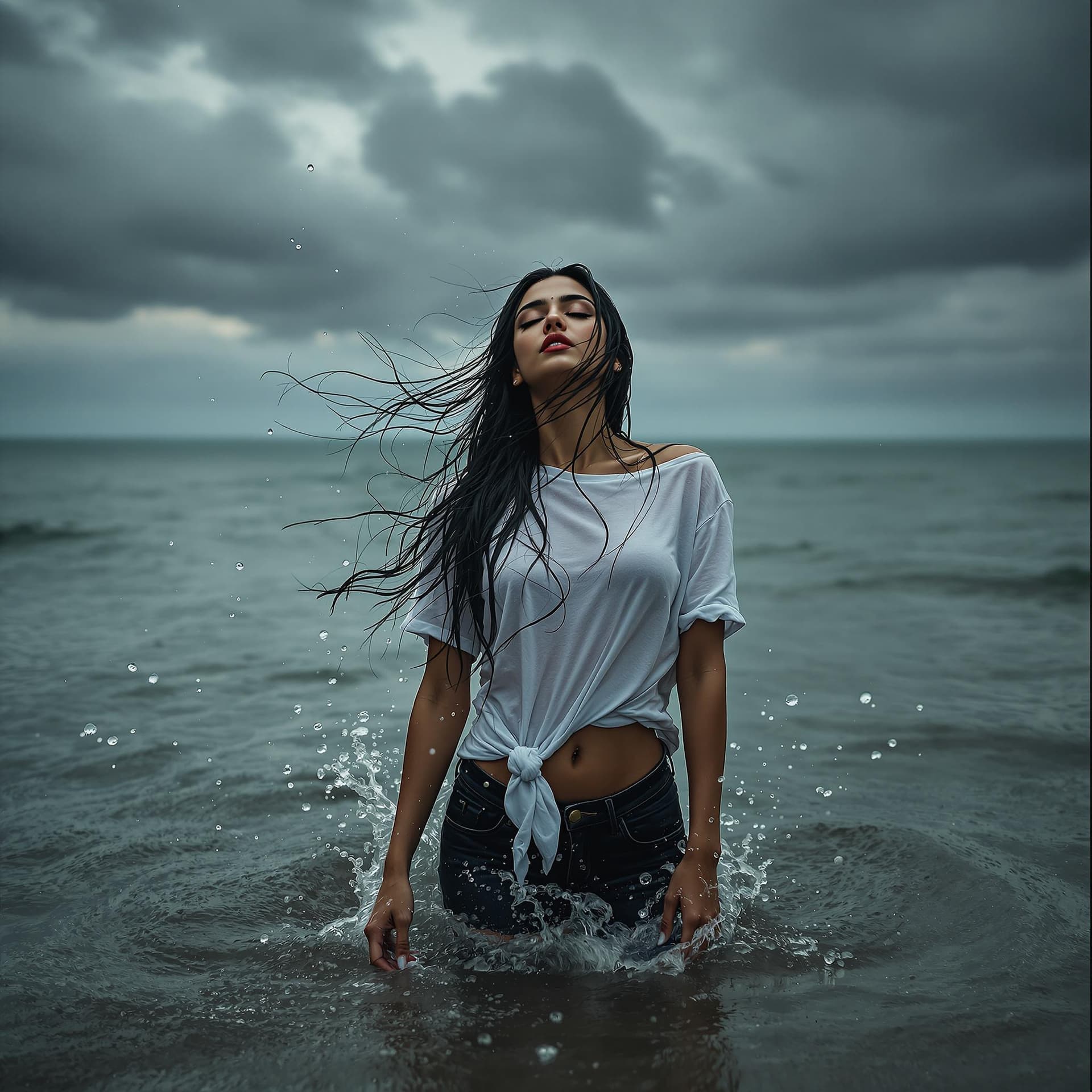 AI generated: HDR photo of Indian woman, long black hair, eyes closed, beautifully fit body, wearing black jeans a...