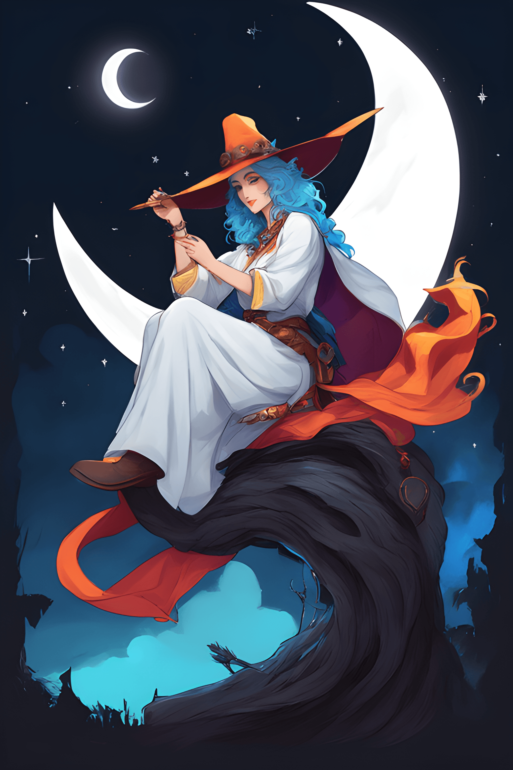 AI generated: (rembrandt),(midjourney), (on_crescent:1.3), ranni the witch,  (sitting on the crescent moon:1.3), b...